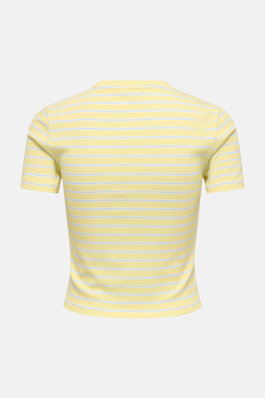 Gele gestreepte korte mouw T-shirt van ONLY®, achterzijde met fijne blauwe strepen en ribstructuur