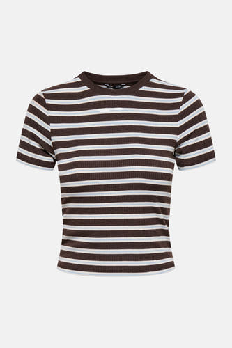 Bruine gestreepte korte mouwen T-shirt van ONLY® met witte en lichtblauwe strepen, ribstructuur, ronde hals, front view
