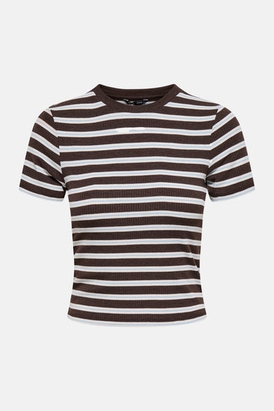 Bruine gestreepte korte mouwen T-shirt van ONLY® met witte en lichtblauwe strepen, ribstructuur, ronde hals, front view
