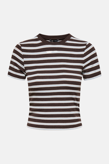 Bruine gestreepte korte mouwen T-shirt van ONLY® met witte en lichtblauwe strepen, ribstructuur, ronde hals, front view