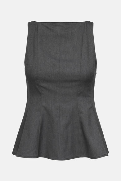 Blouse grise d'ONLY, avec une coupe peplum et une taille subtile, sans manches.
