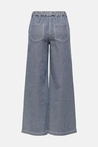 Broek van donkerblauw denim van JDY, met een gestreept patroon en wijde pijpen, gezien vanaf de achterkant.
