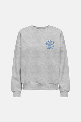 Pull gris ONLY à col rond avec imprimé bleu de poissons et le texte 'Lake Days Hooked On'.