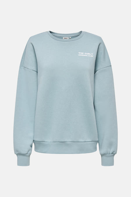 Sweat-shirt bleu de ONLY, avec le texte "The early morning club" en blanc.