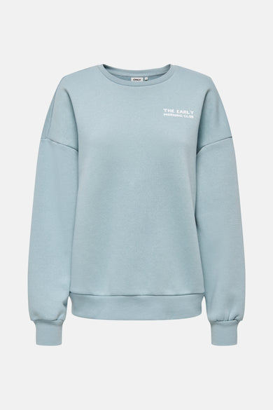Sweat-shirt bleu de ONLY, avec le texte "The early morning club" en blanc.