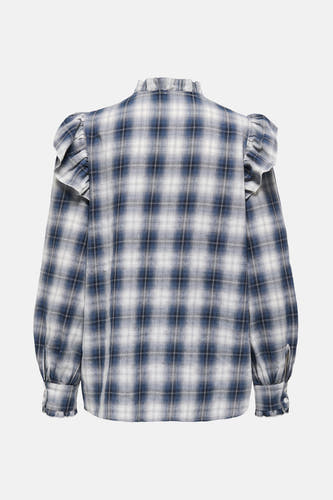 Blouse bleue à longues manches de ONLY, avec des volants sur les épaules et un motif à carreaux.