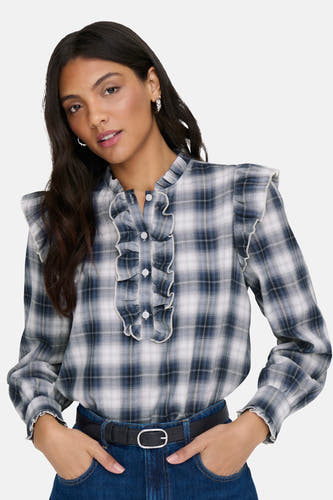 Blouse bleue à longues manches de ONLY, avec des volants et un motif à carreaux.
