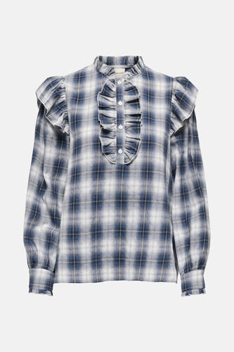 Blouse bleue à manches longues de ONLY, avec des plis et un col avec bordure surélevée.