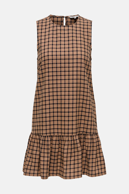 Jupe sans manches brune ONLY avec un motif à carreaux et un détail tricoté en bas.