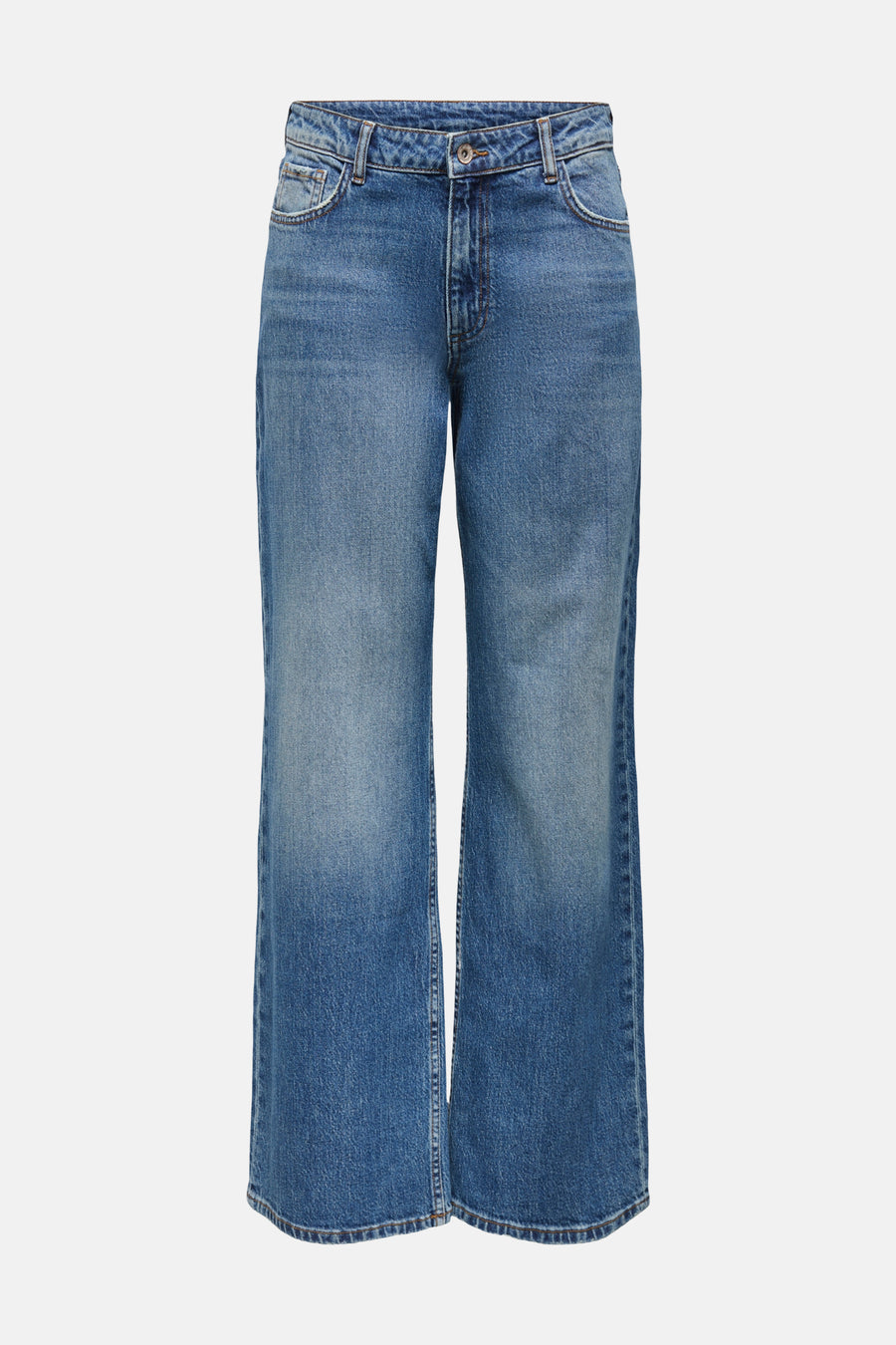 Jeans coupe large en denim bleu moyen de JDY avec délavage léger et poches classiques, posées à plat.