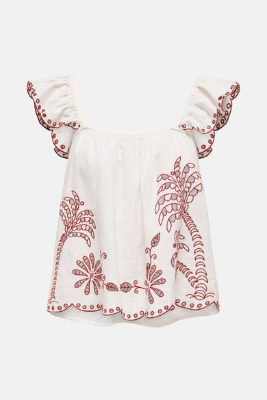 T-shirt blanc à manches courtes de JDY, avec des détails brodés le long des manches et du bas.