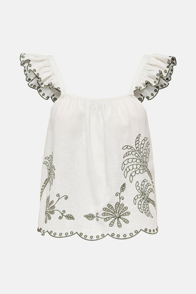 T-shirt blanc à manches courtes de JDY, orné de broderies de palmiers verts et de détails bordés.