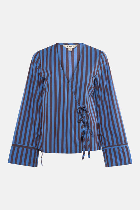 Blauw gestreepte blouse met lange mouwen van ONLY, met een overslag en strikdetail.