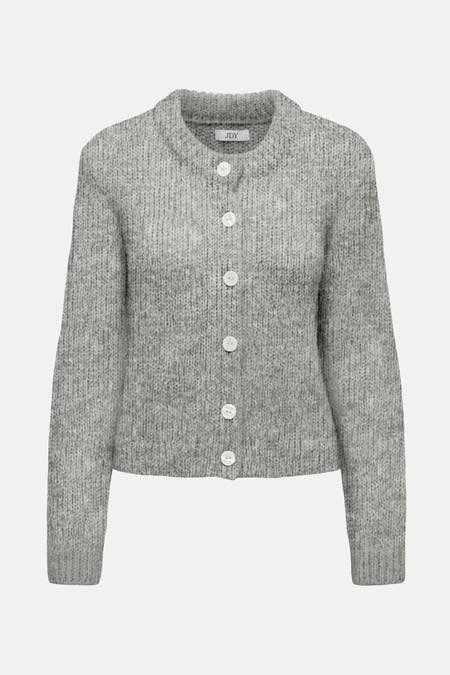 Cardigan gris de JDY avec des manches longues et une fermeture à boutons, texture tricotée.