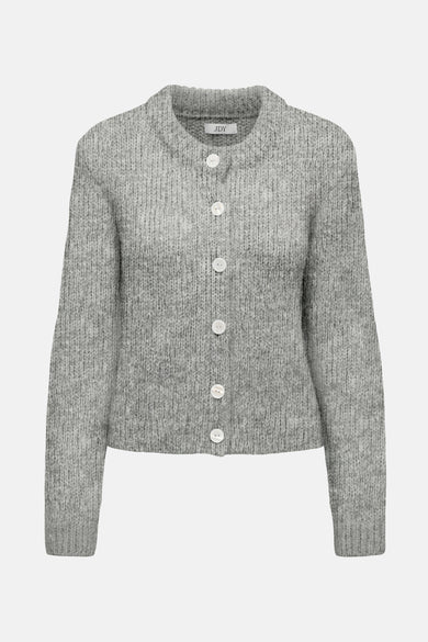 Cardigan gris de JDY avec des manches longues et une fermeture à boutons, texture tricotée.