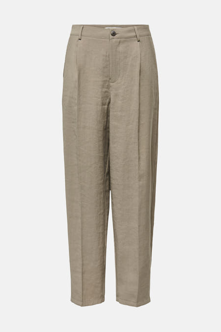 Pantalon plissé aspect lin beige de ONLY® avec coupe ample et fermeture à boutons.