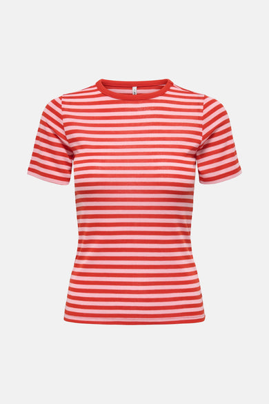 T-shirt rayé rouge avec manches courtes de ONLY, avec un col rond et un fin tricot en côtes.