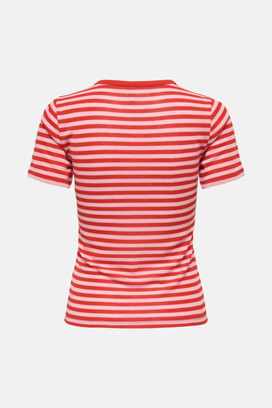 Rood gestreept T-shirt met korte mouwen van ONLY, met een ronde hals en een fijne ribstof.