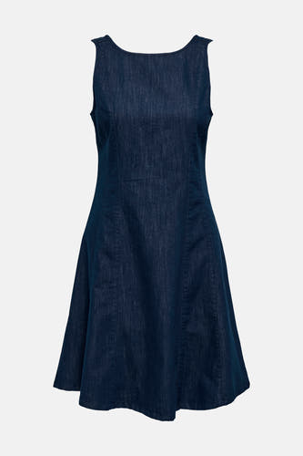 Robe sans manches en denim bleu foncé ONLY®, dos avec encolure ronde profonde et fermeture éclair verticale.