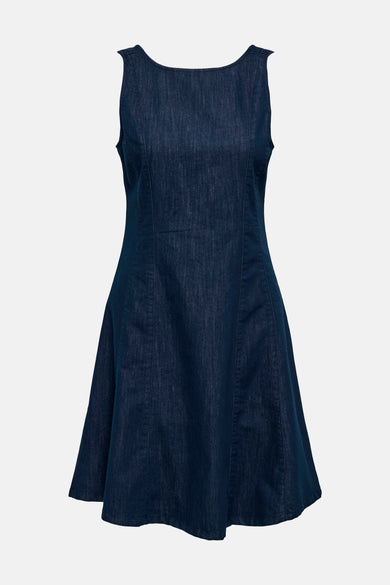 Robe sans manches en denim bleu foncé ONLY®, dos avec encolure ronde profonde et fermeture éclair verticale.
