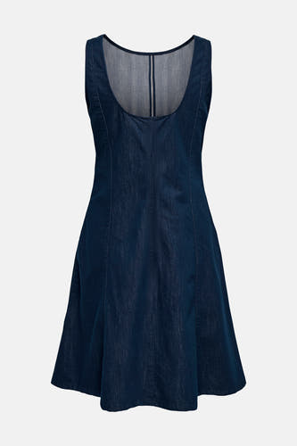 Donkerblauw mouwloos denim kleedje van ONLY®, rugzicht met diepe ronde hals en verticale rits.