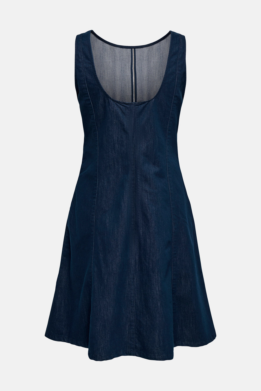 Donkerblauw mouwloos denim kleedje van ONLY®, rugzicht met diepe ronde hals en verticale rits.