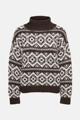 Pull marron avec col montant de ONLY, avec un tissu jacquard géométrique en blanc et marron.