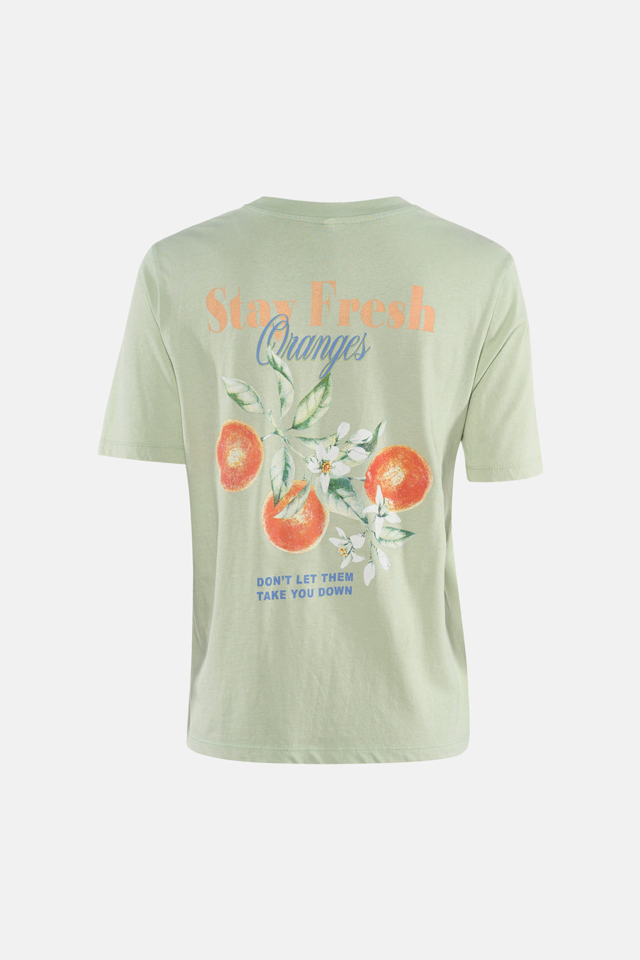 Groen T-shirt met korte mouwen van ONLY, met sinaasappelprint en de tekst "Stay Fresh Oranges".