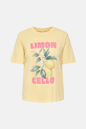 T-shirt jaune à manches courtes ONLY® avec un imprimé Limoncello de citrons et de texte.