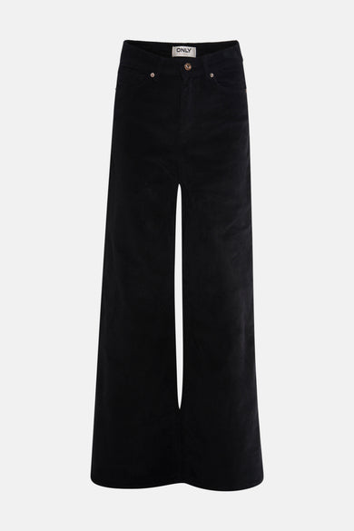 Pantalon de corduroy d'ONLY, avec étiquette de marque et boutons en couleur métallique.