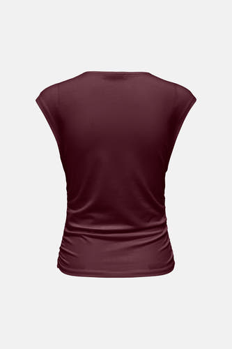 Bordeaux korte mouwen t-shirt van ONLY®, strakke pasvorm, achterkant, gladde stof, ruches aan onderkant