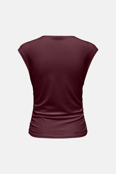 Bordeaux korte mouwen t-shirt van ONLY®, strakke pasvorm, achterkant, gladde stof, ruches aan onderkant