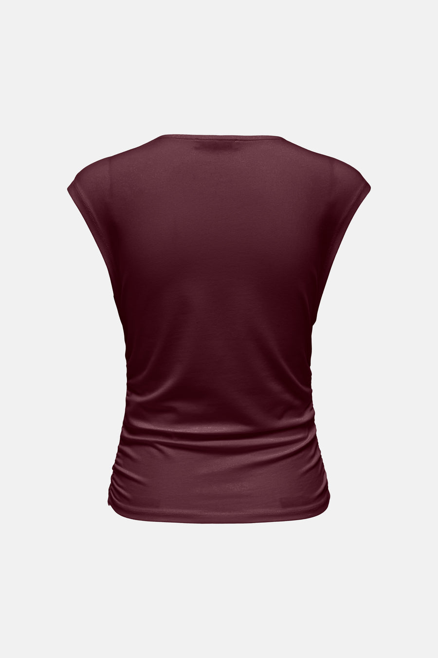 Bordeaux korte mouwen t-shirt van ONLY®, strakke pasvorm, achterkant, gladde stof, ruches aan onderkant