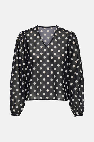 Blouse noire à longues manches de ONLY, avec des taches blanches sur toute la blouse.