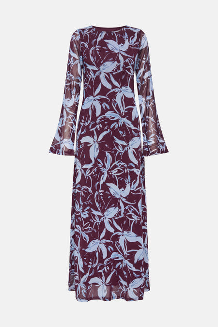 Robe rouge à longues manches de ONLY, avec une impression de fleurs bleues sur toute la surface.