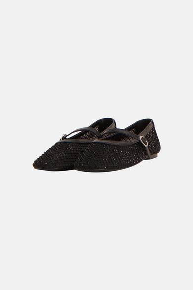 Ballerines noires ONLY avec un motif tissé et une bride sur le cou-de-pied, en vue latérale.
