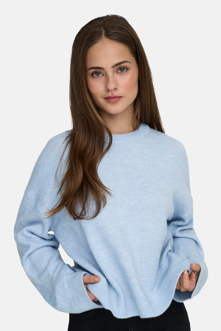 Vrouw met blauwe trui op witte achtergrond.