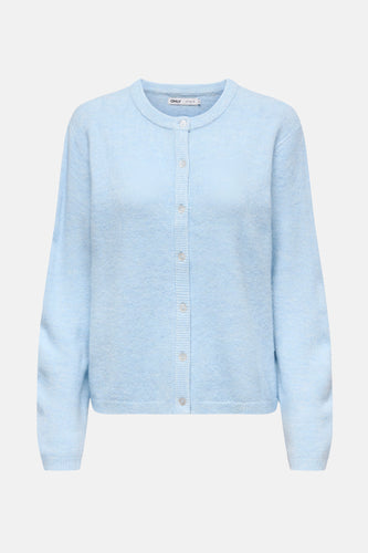 Lichtblauw gebreid vest met knoopsluiting.