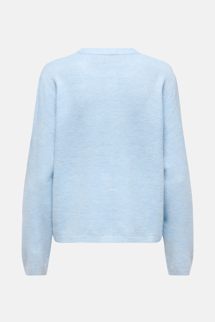 Lichtblauwe gebreide trui.