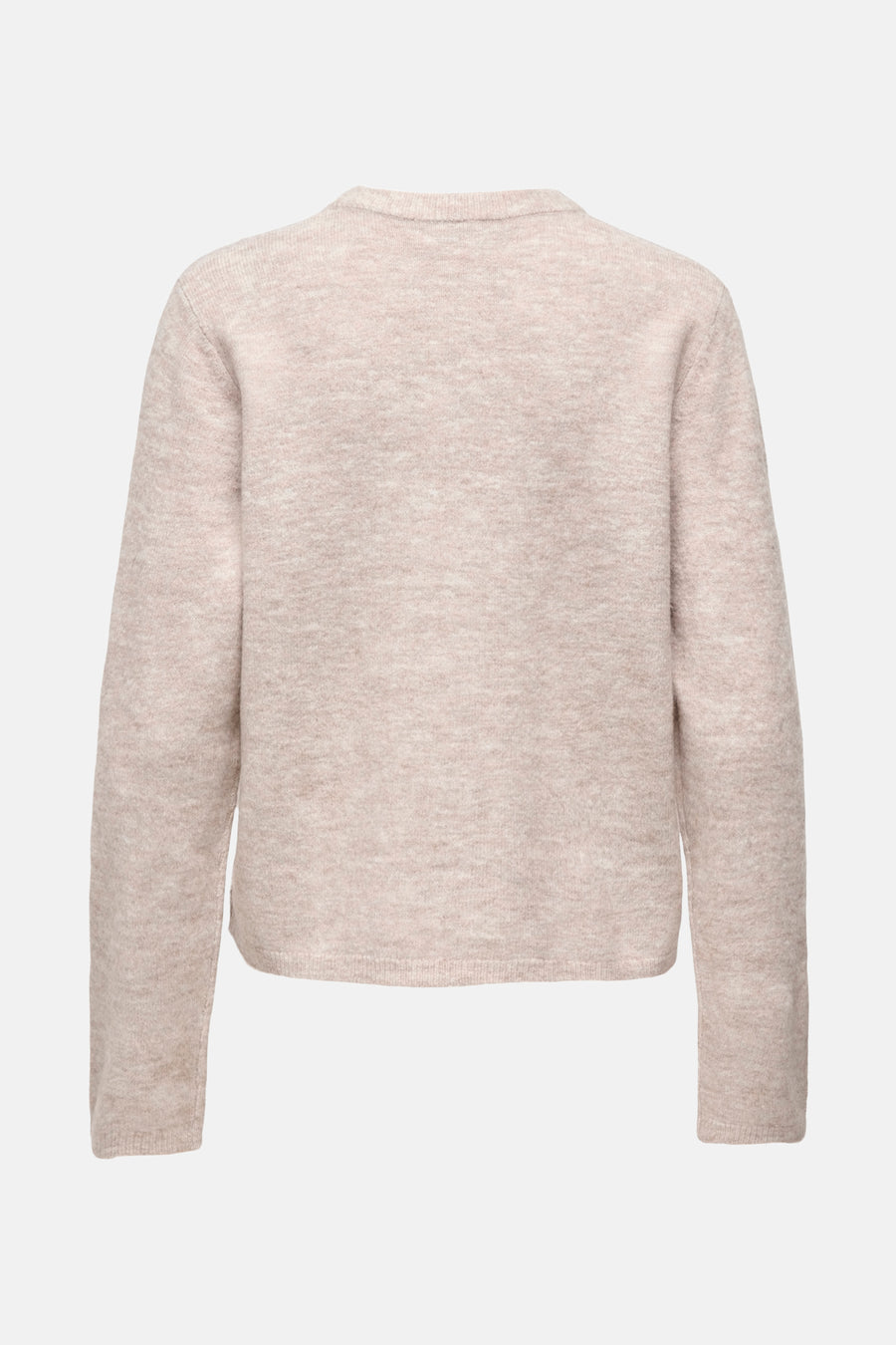 Lichtroze gebreide trui met lange mouwen.