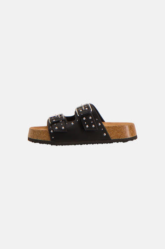 Zwarte sandalen van ONLY, met dubbele bandjes met zilverkleurige gespen en studs, op een kurken zool.