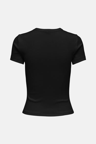 T-shirt noir à manches courtes de ONLY®, texture côtelée et coupe ajustée, vu de derrière.