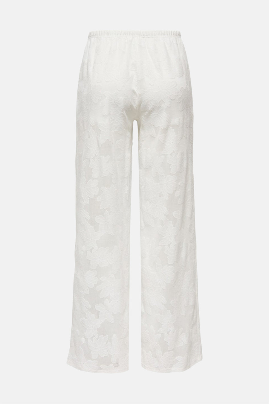 Witte broek van ONLY, met een subtiel bloempatroon en een comfortabele elastische tailleband, gezien van achteren.
