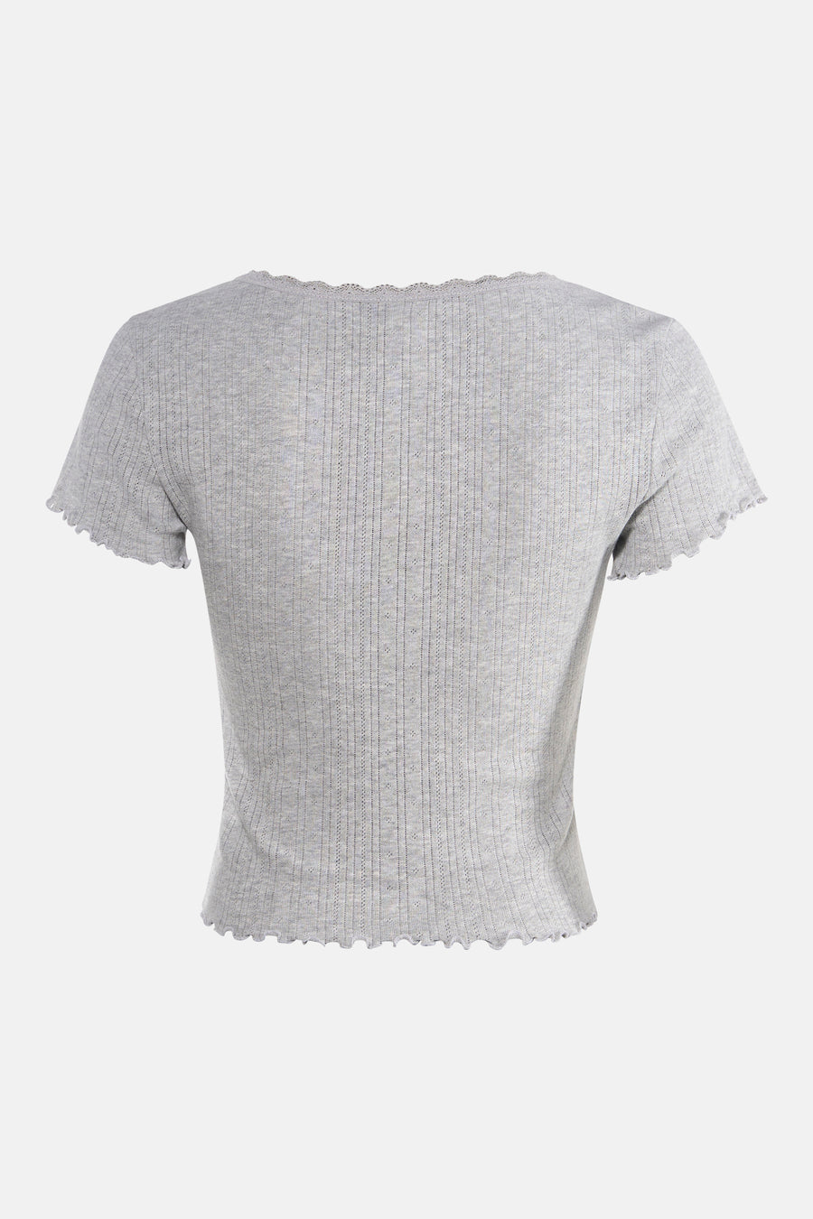 T-shirt gris ONLY®, à manches courtes, avec une texture côtelée et un bord en dentelle.