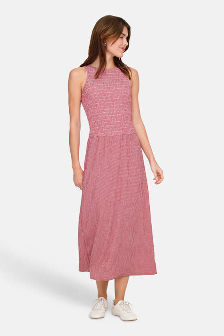 Robe sans manches rouge de ONLY, avec un motif à carreaux vichy et des détails élastiques sur le dessus.