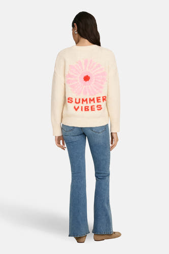 T-shirt écru avec col rond de ONLY, avec un motif floral et le texte "Summer Vibes" sur le dos.