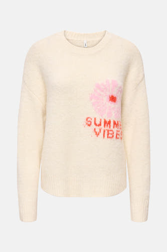 Sweat-shirt écru avec col rond de ONLY, avec une fleur rose et le texte "Summer Vibes".