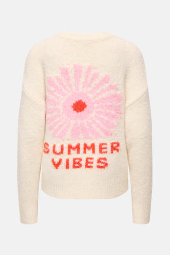 T-shirt écru avec col rond de ONLY, avec une fleur rose et le texte 'Summer Vibes'.