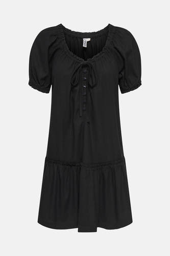 Robe noire à manches courtes de ONLY, avec une rangée de boutons et un détail froncé en bas.