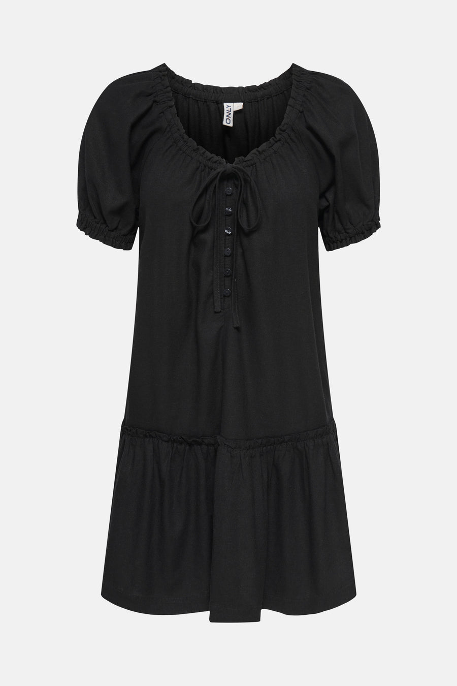 Robe noire à manches courtes de ONLY, avec une rangée de boutons et un détail froncé en bas.